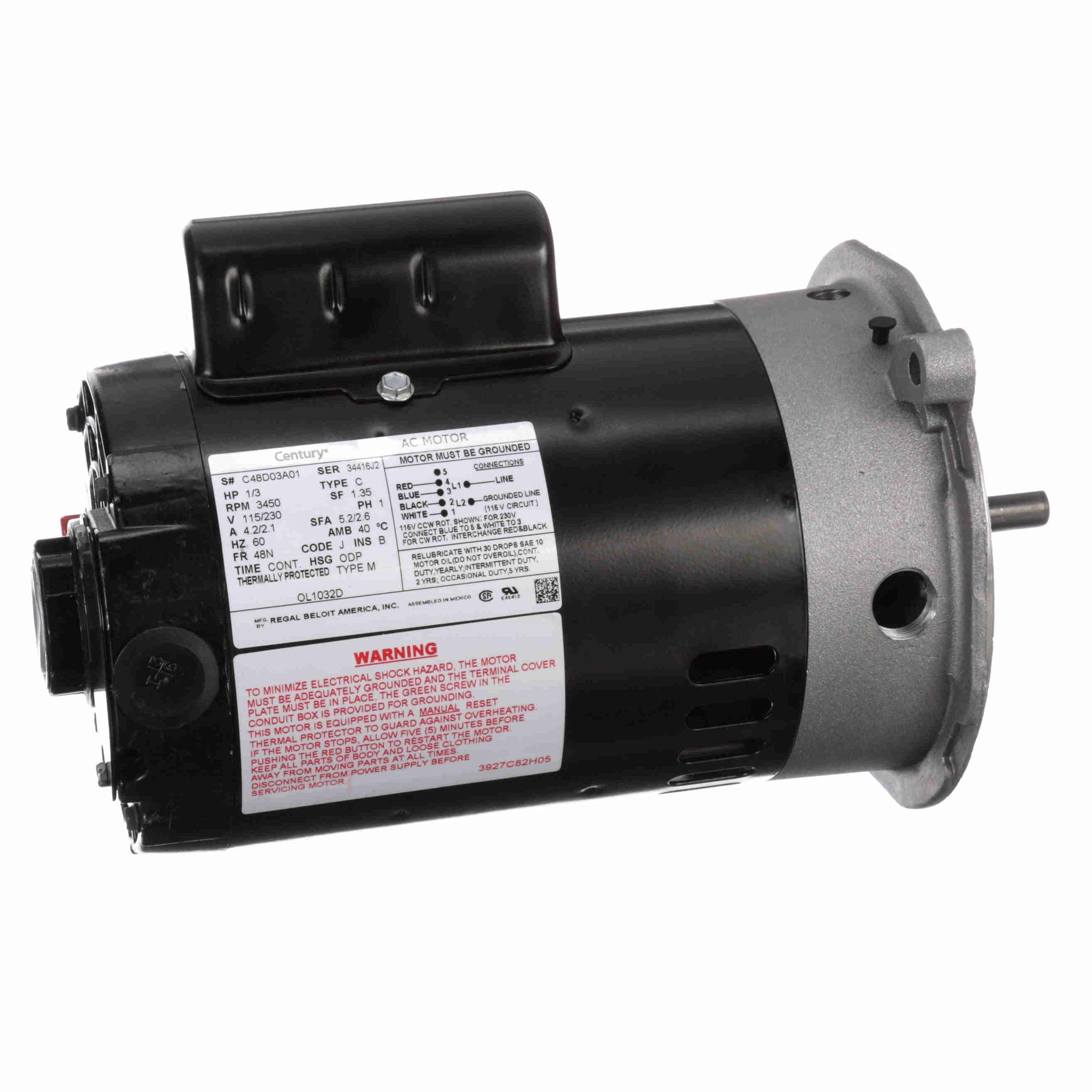 Century OL1032D Oil Burner Motor, 1/3HP 3450RPM