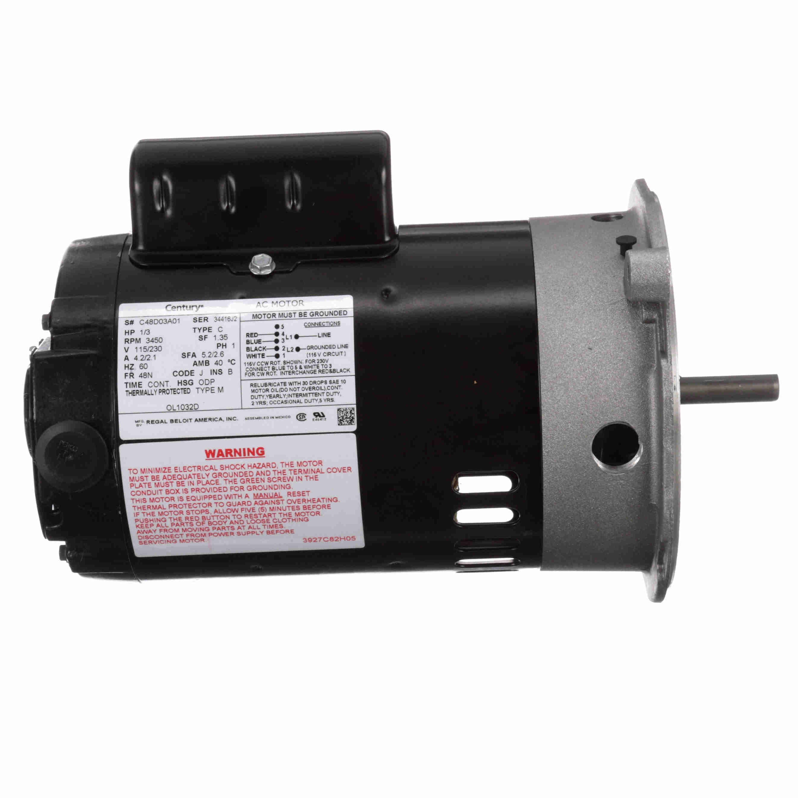 Century OL1032D Oil Burner Motor, 1/3HP 3450RPM - 0