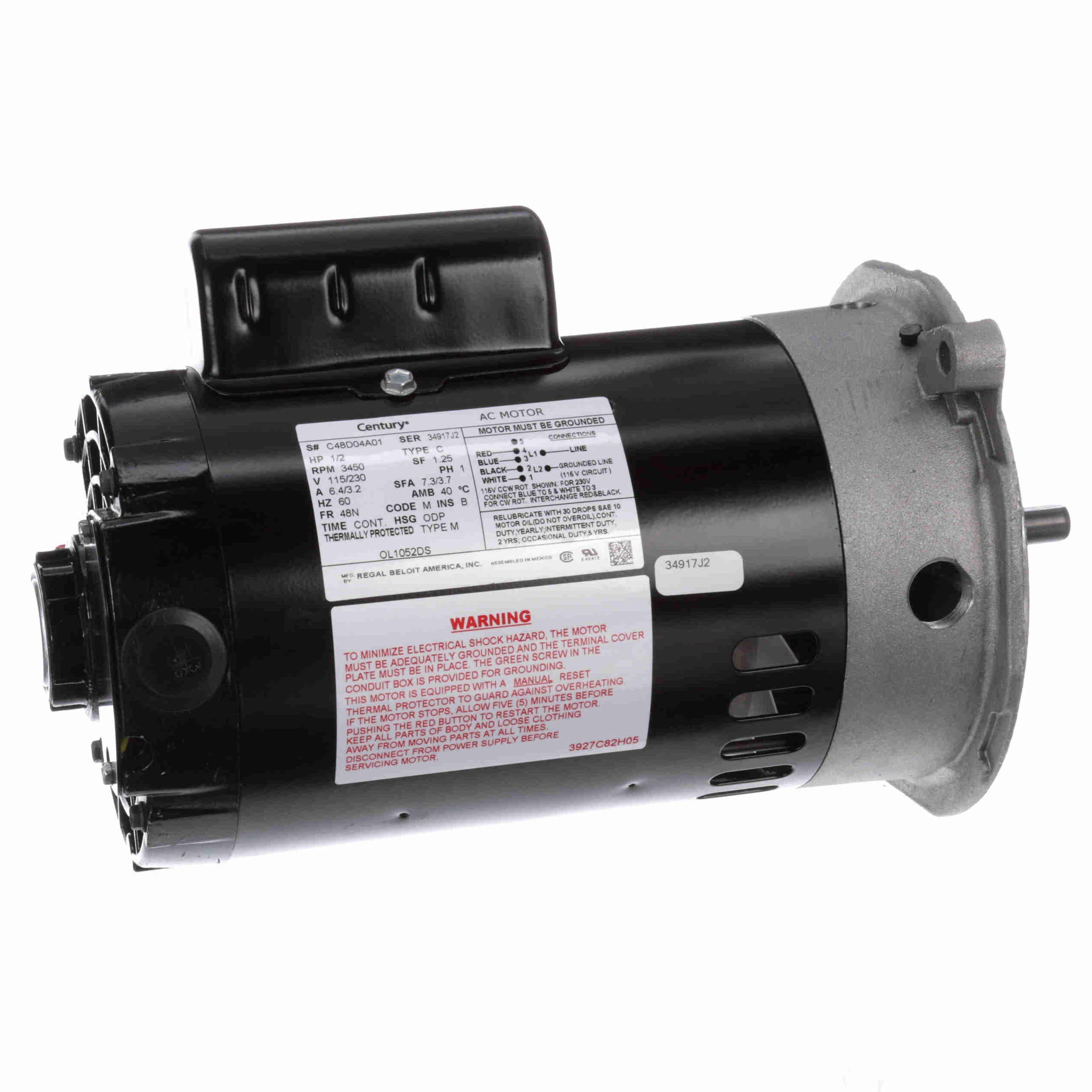Century OL1052DS Oil Burner Motor, 1/2HP 3450RPM