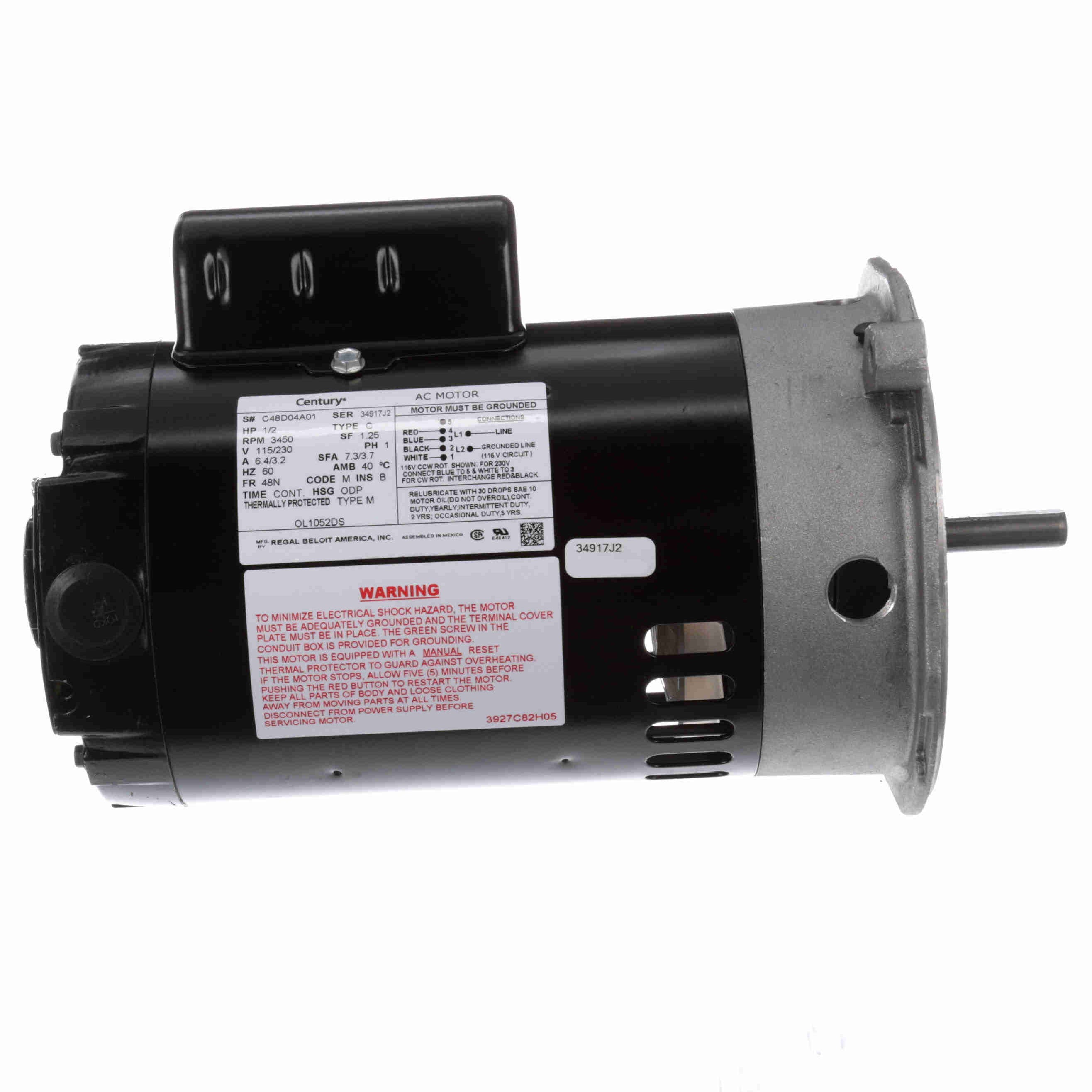 Century OL1052DS Oil Burner Motor, 1/2HP 3450RPM - 0