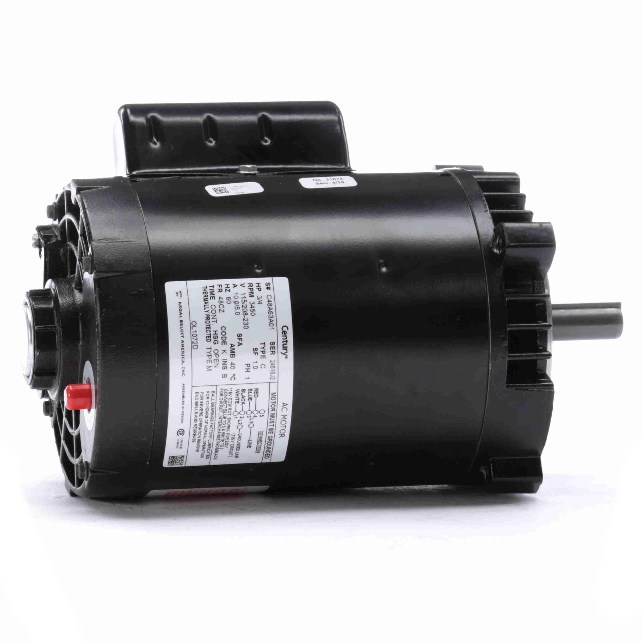 Century OL1072D Oil Burner Motor, 3/4HP 3450RPM - 0