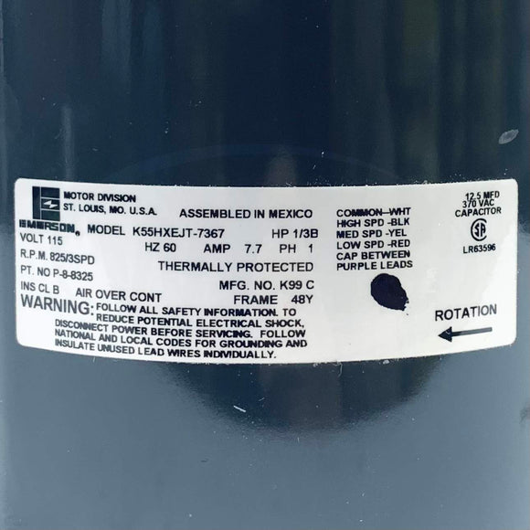 P-8-8325 Lennox Emerson 1/3HP Blower Motor, RPM 825/3SPD, 115V, ph 1, K55HXEJT-7