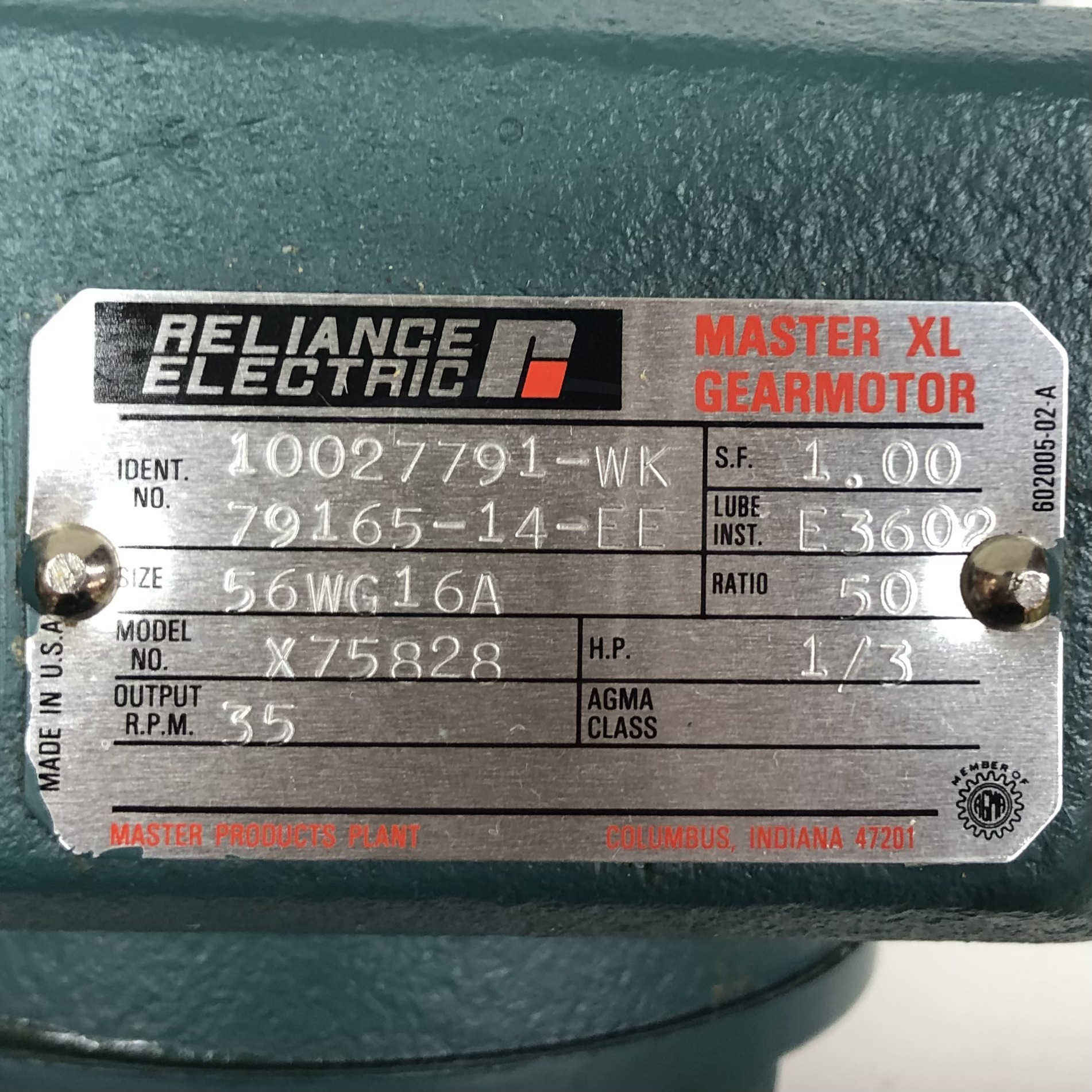 P56H5135M Reliance Duty Master A-C Motor 1/3 Hp, 3Ph, 1725 Rpm, 239/460V, 1.6A
