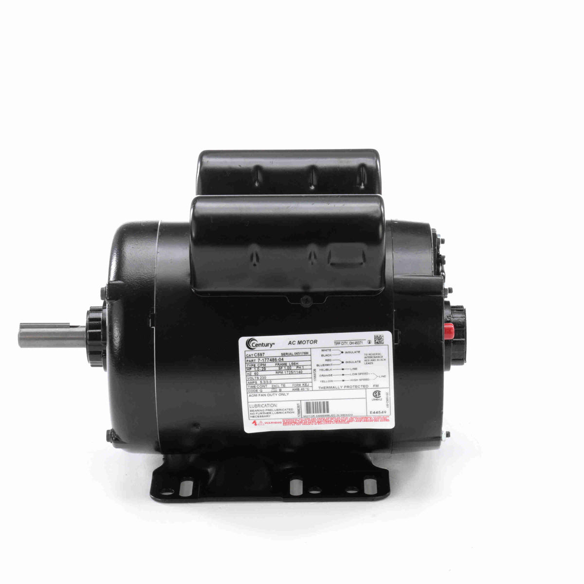 C597 Century 1/0.29HP 2-Speed Cow Cooler Electric Motor, 1725 RPM ...