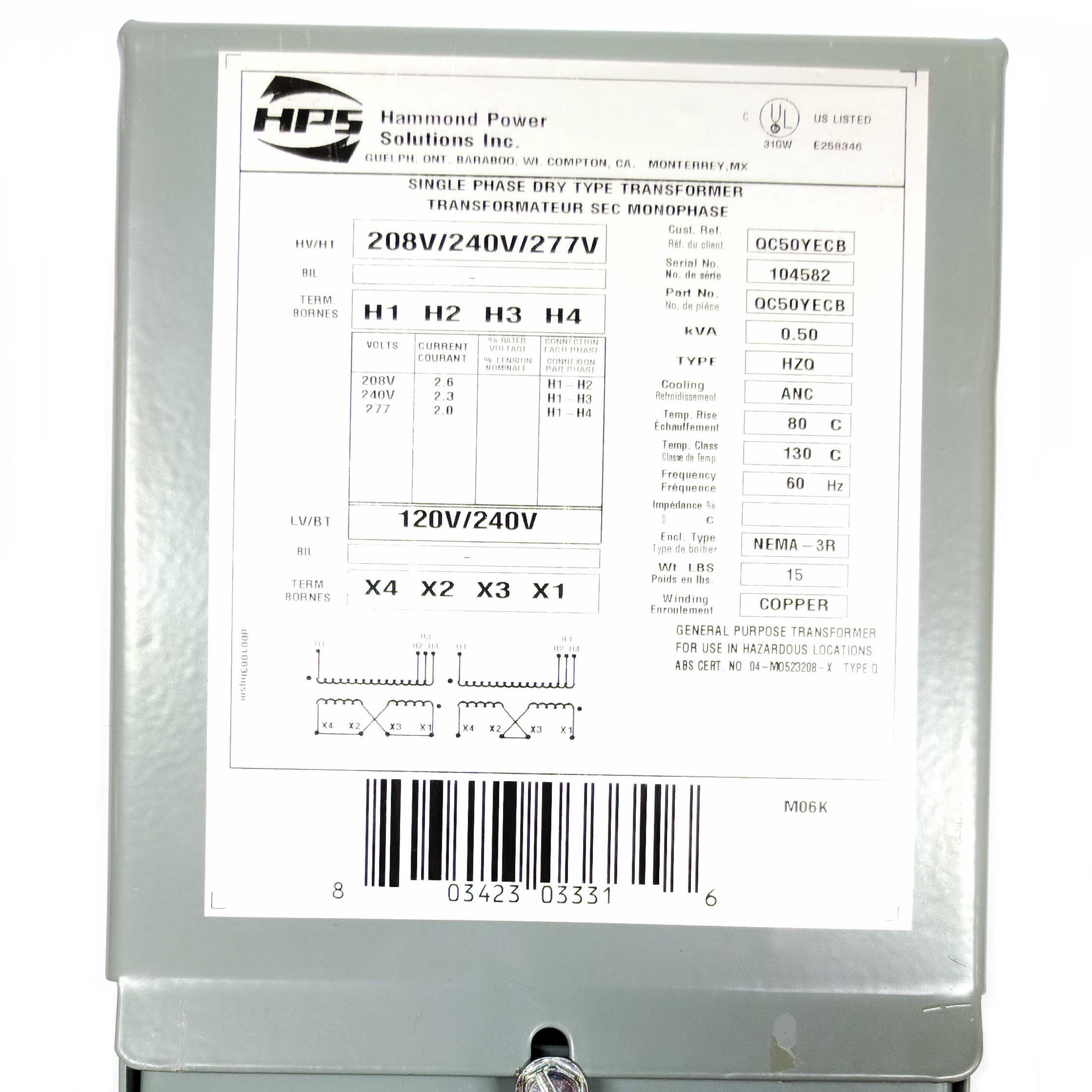 Hammond Power, QC50YECB Dry Type Transformer - 0