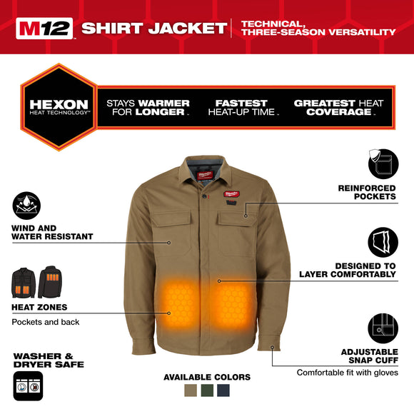 M103K-21L Milwaukee M12 Heated Shirt Jacket Kit, Khaki, Large