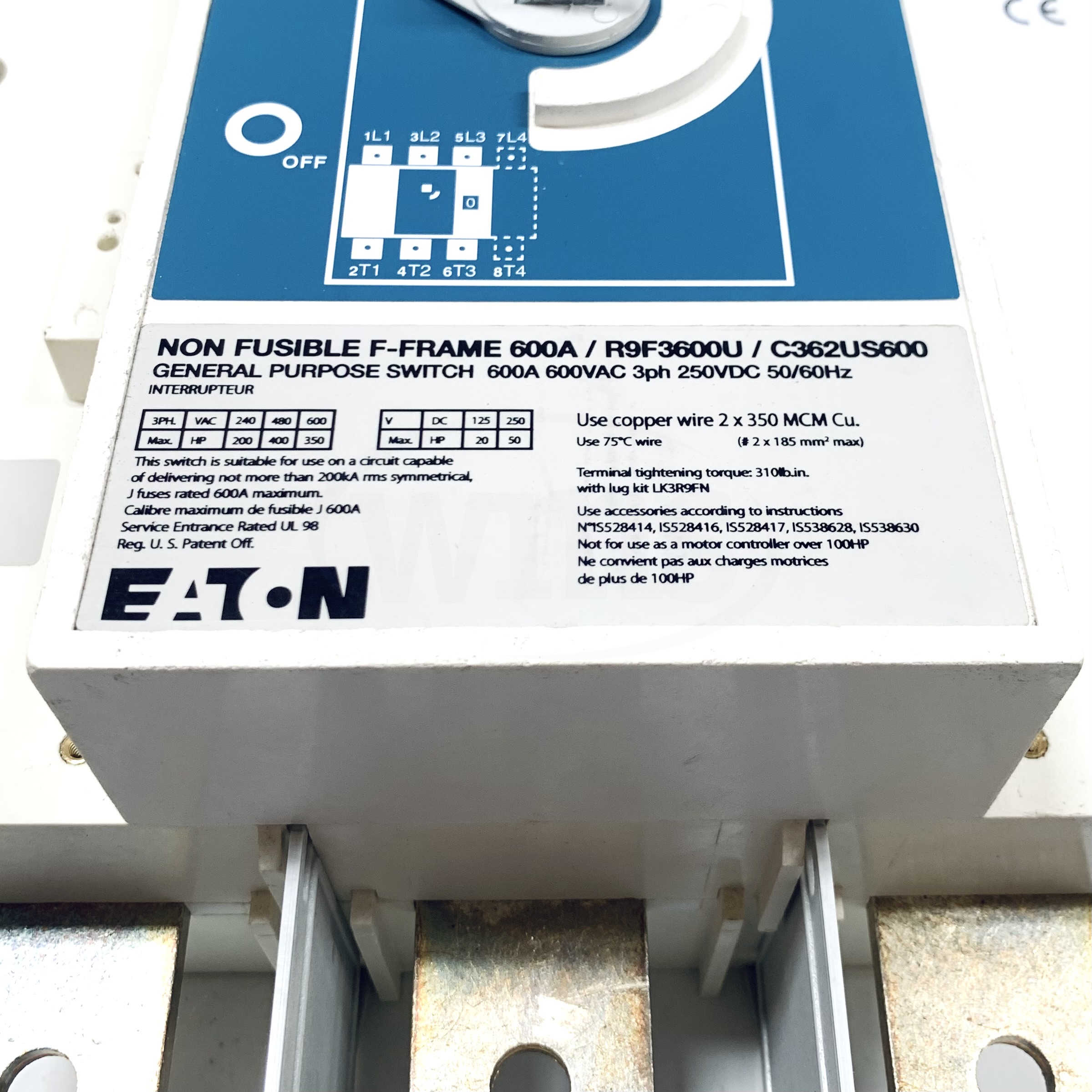 R9F3600U Eaton General Purpose Switch, 600VAC, 600A, 3ph, 250VDC, 50/60Hz
