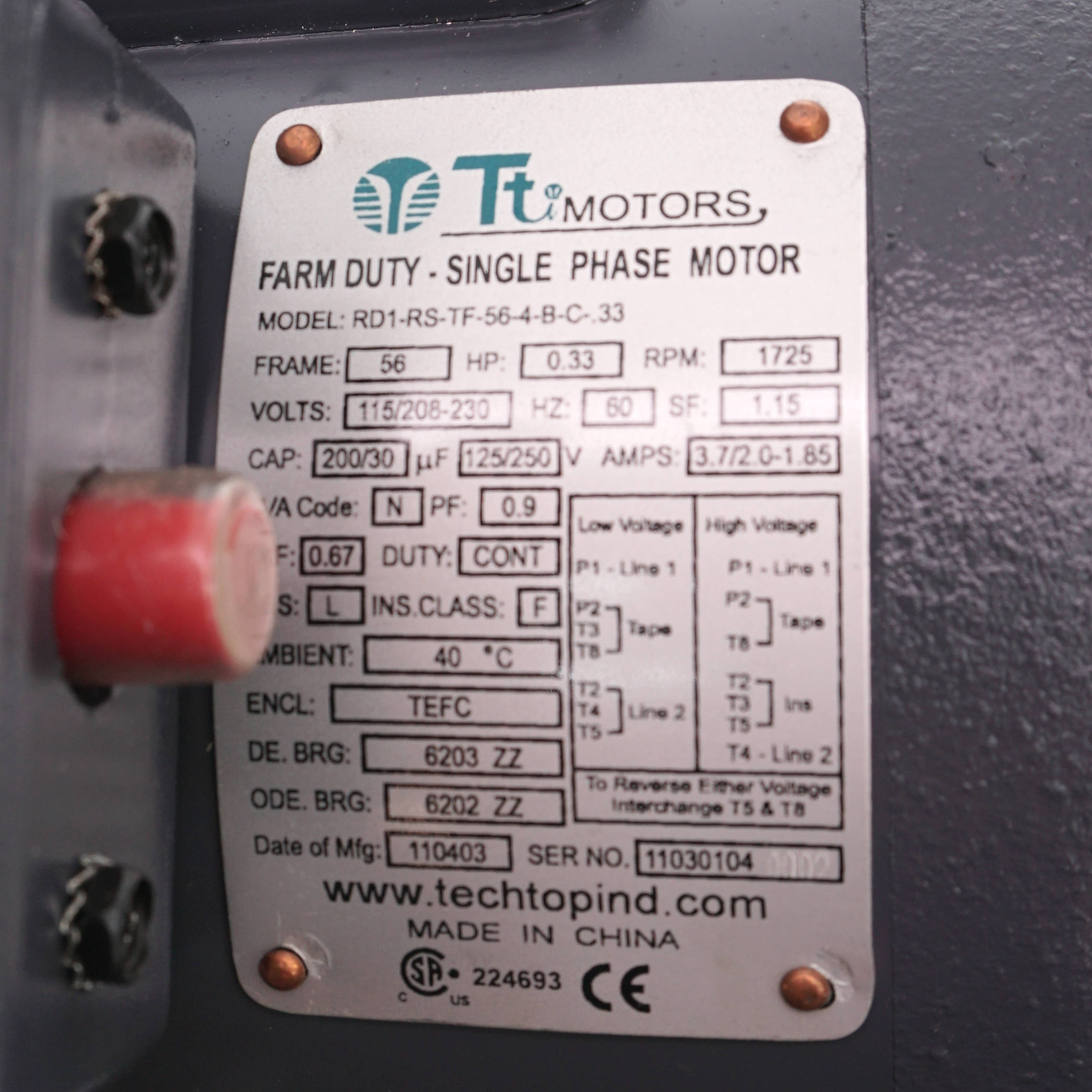 RD1-RS-TF-56-4-B-C-.33 Techtop 1/3HP Farm Duty Electric Motor, 1800RPM