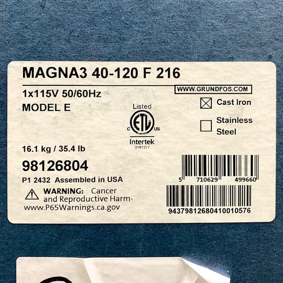 98126804 Grundfos MAGNA3 40-120 F High Efficiency Circulator Pump