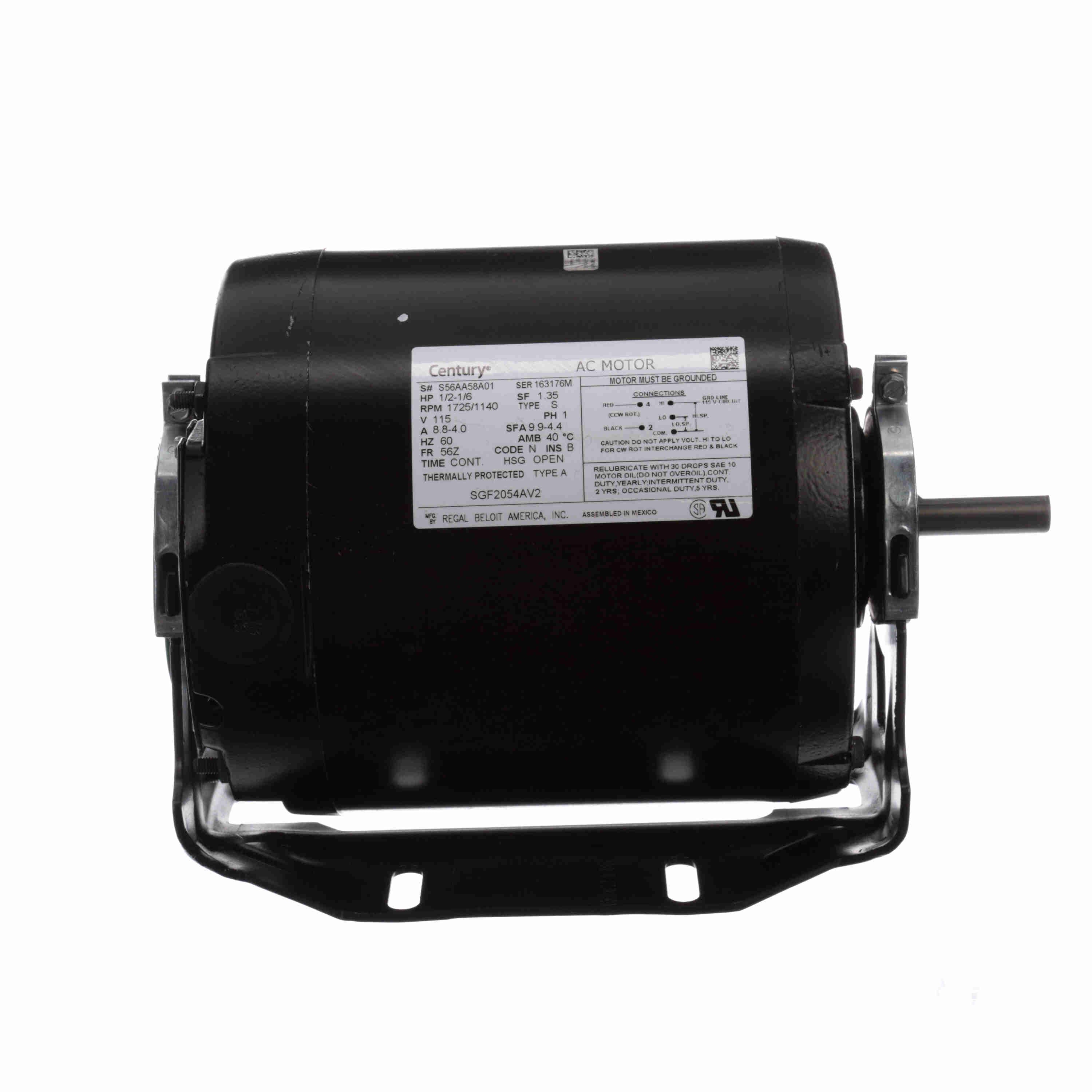 SGF2054AV2 Century 1/2-1/6HP Fan & Blower HVAC/R Electric Motor, 1800RPM