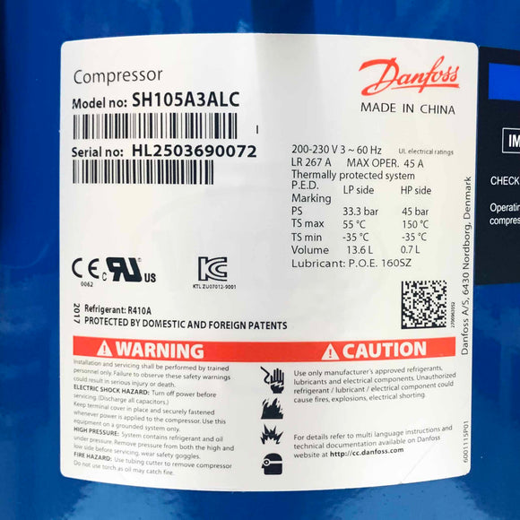 SH105A3ALC Danfoss Scroll Compressor  105,543 Btu, 3Ph, 60Hz, 13.6L
