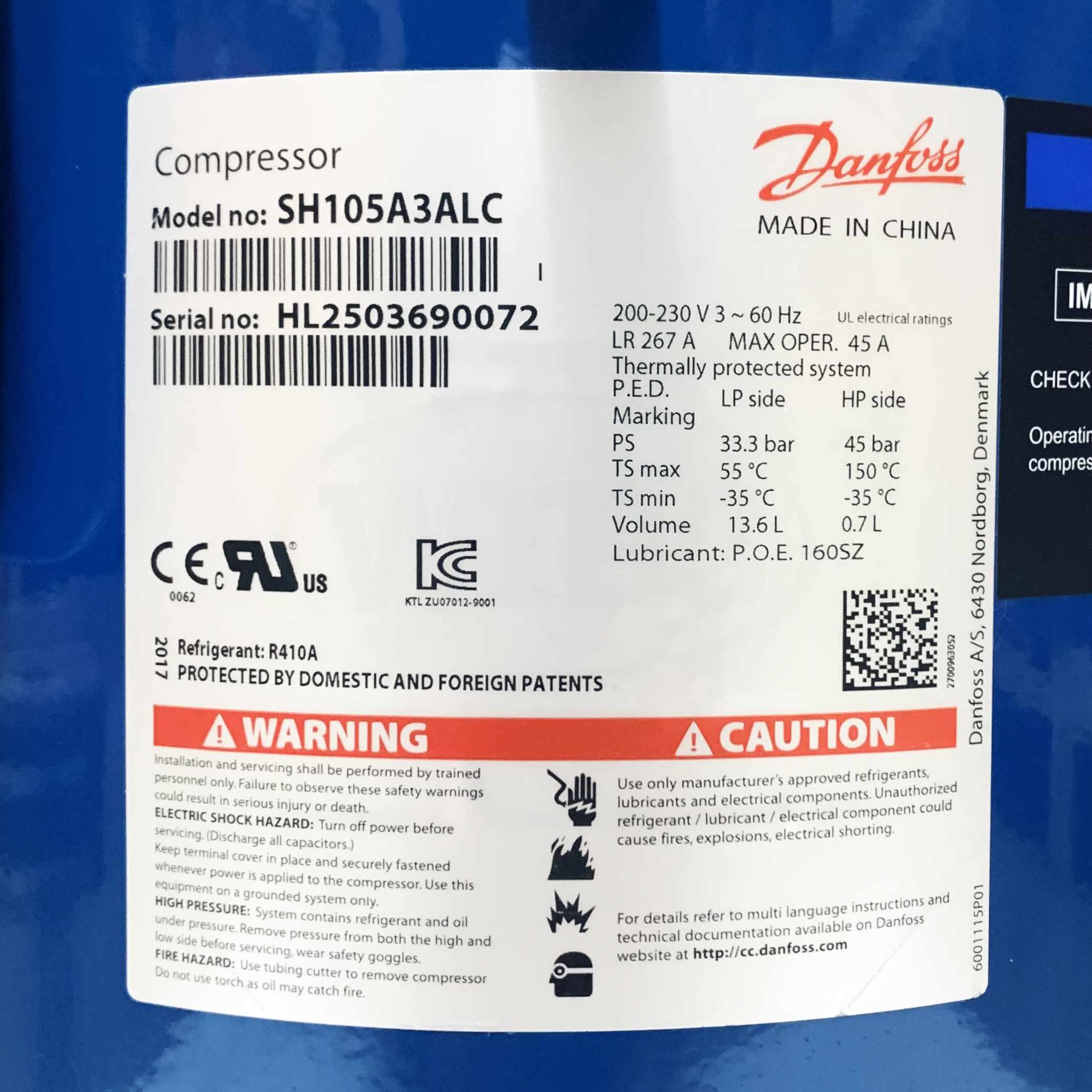 SH105A3ALC Danfoss Scroll Compressor  105,543 Btu, 3Ph, 60Hz, 13.6L