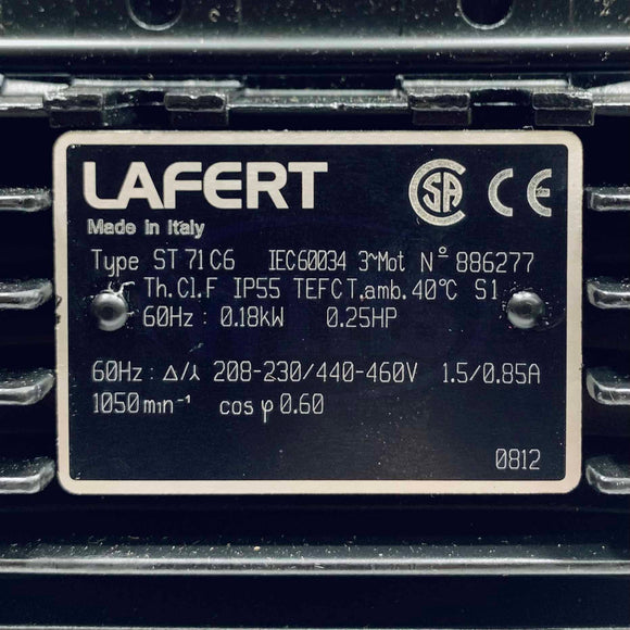 ST71C6 Lafert Motor 1/4 Hp, 1200 Rpm,  230V, 460V