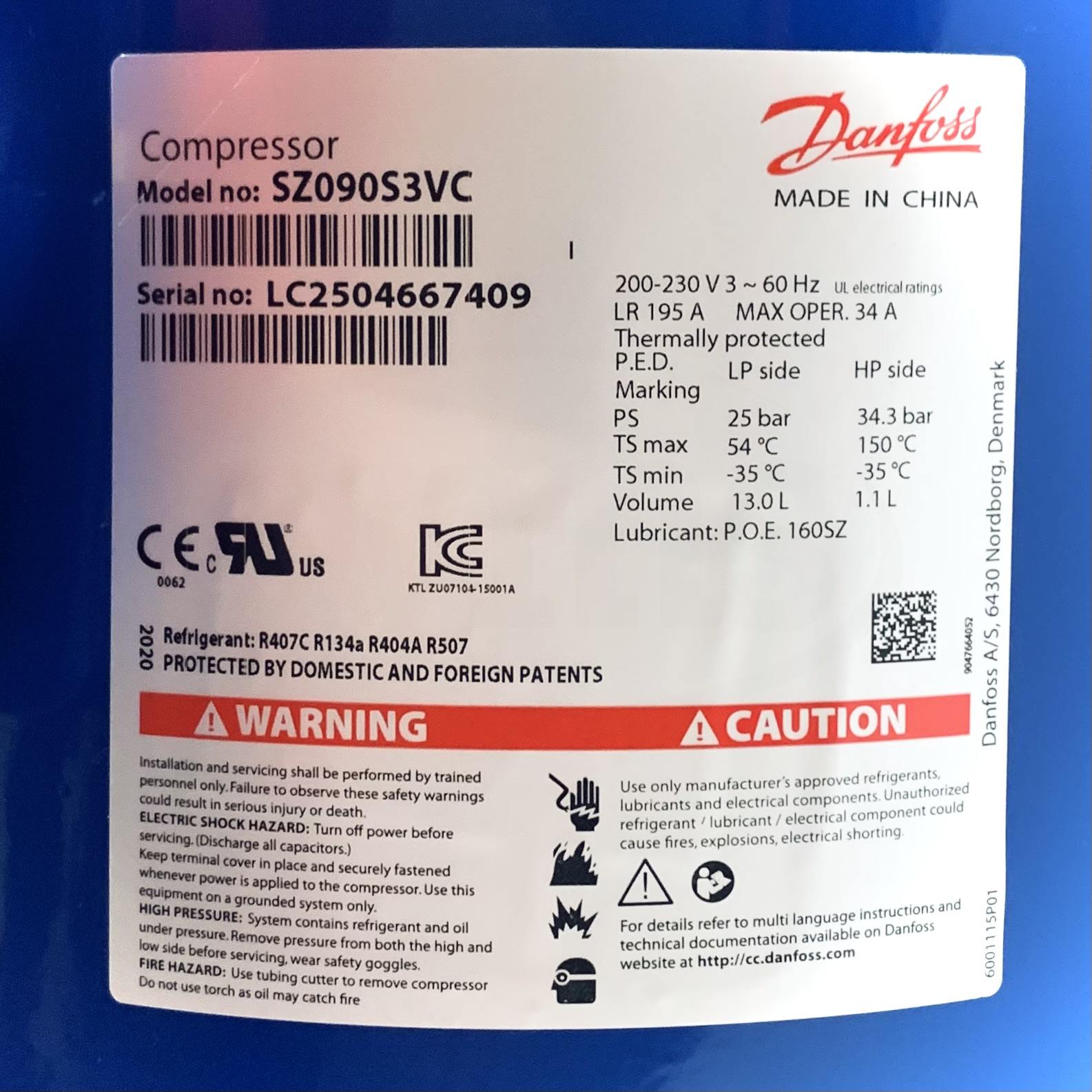 SZ090S3VC Danfoss Scroll Compressor, 7.5 Tons, 90,000 btu/h, 3 Ph, 208-230V.