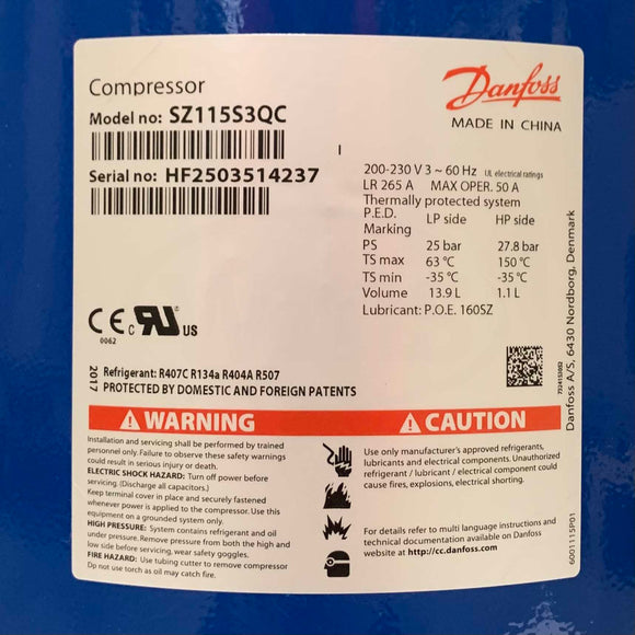 SZ115S3QC Danfoss Scroll Compressor 115,000 Btu, 9.5 Tons, 230V, 60Hz, 13.9L