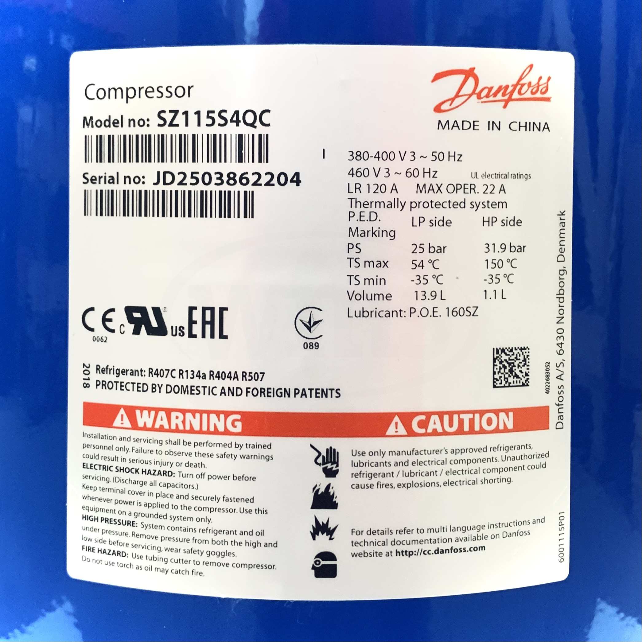 SZ115S4QC Danfoss Scroll Compressor, 9.5 Tons, 115,000 btu/h, 3 Ph, 460V. - 0