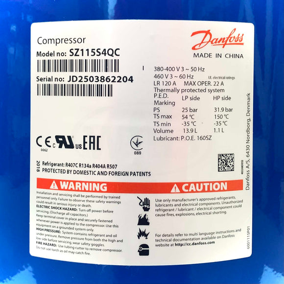 SZ115S4QC Danfoss Scroll Compressor, 9.5 Tons, 115,000 btu/h, 3 Ph, 460V.