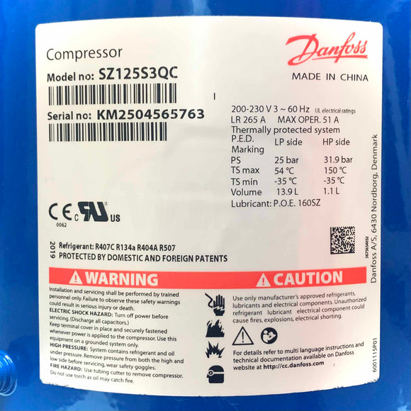 SZ125S3QC Danfoss Scroll Compressor 10.5 Tons, 125,000 Btu, 3 Ph, 230V, 60Hz