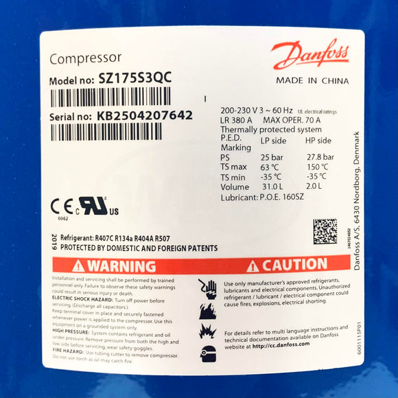 SZ175S3QC Danfoss Scroll Compressor 175,000 Btu, 14.5 Tons, 230V, 60Hz, 31.0L