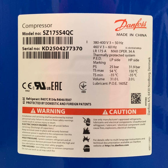 SZ175S4QC Danfoss Scroll Compressors 14.5 Tons, 175,000 btu/h, 460V