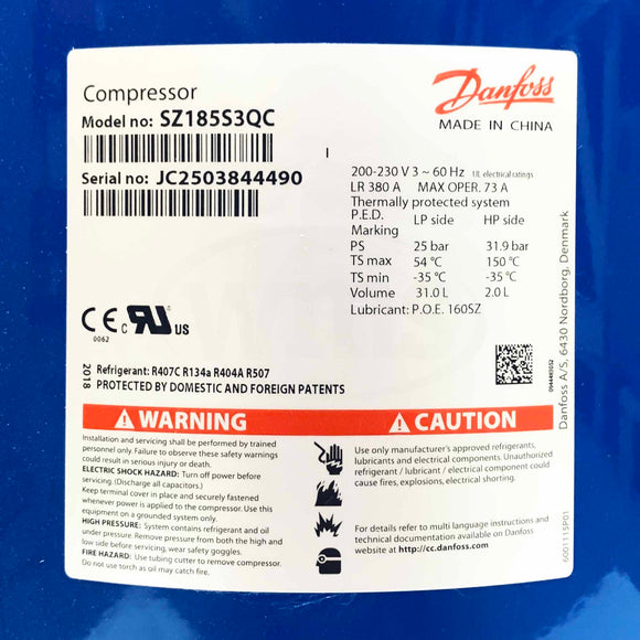 SZ185S3QC Danfoss Scroll Compressor 185,000 Btu, 230V, 60Hz, 31.0L