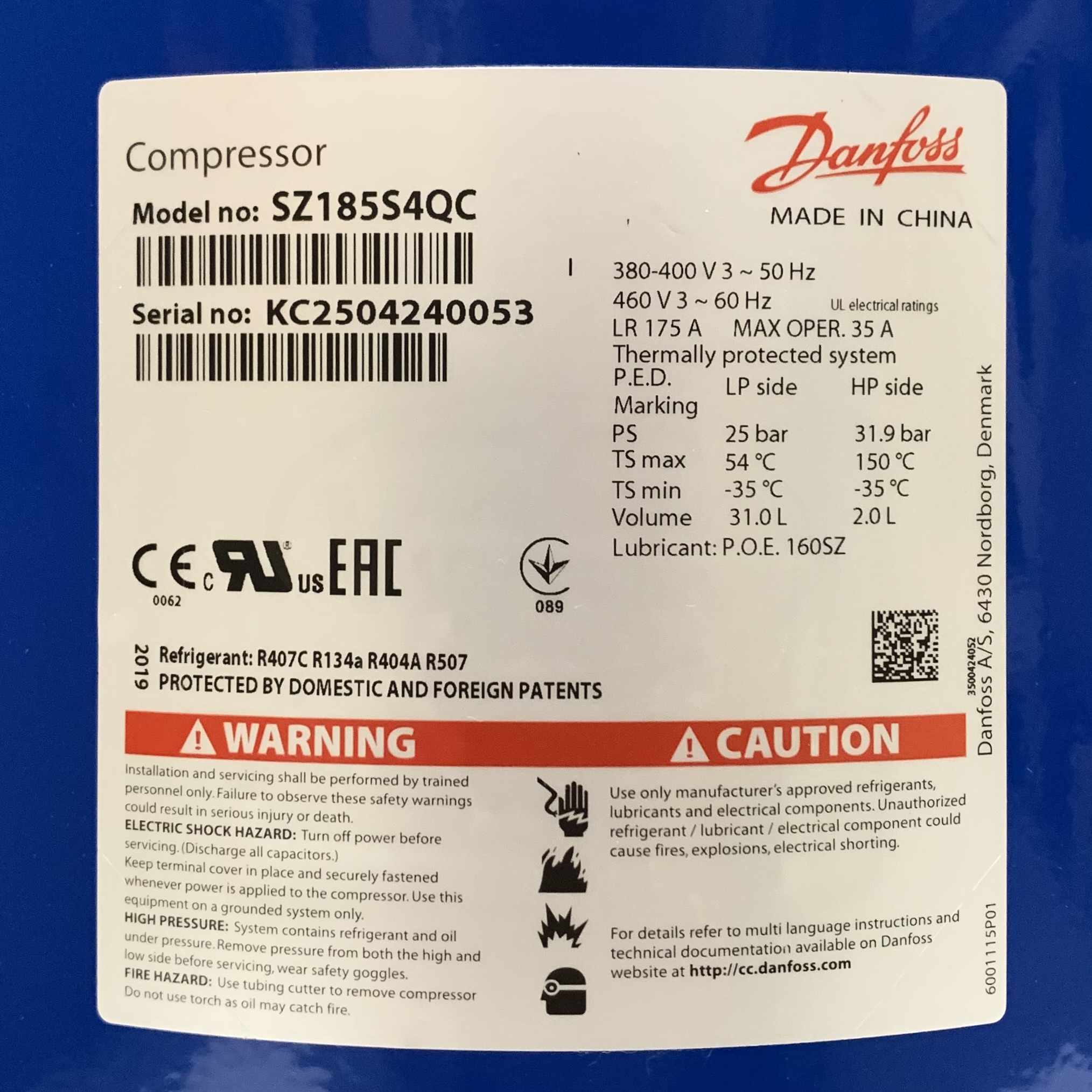 SZ185S4QC Danfoss Scroll Compressor 185,000 Btu, 400/460V, 3Ph, 31.0L