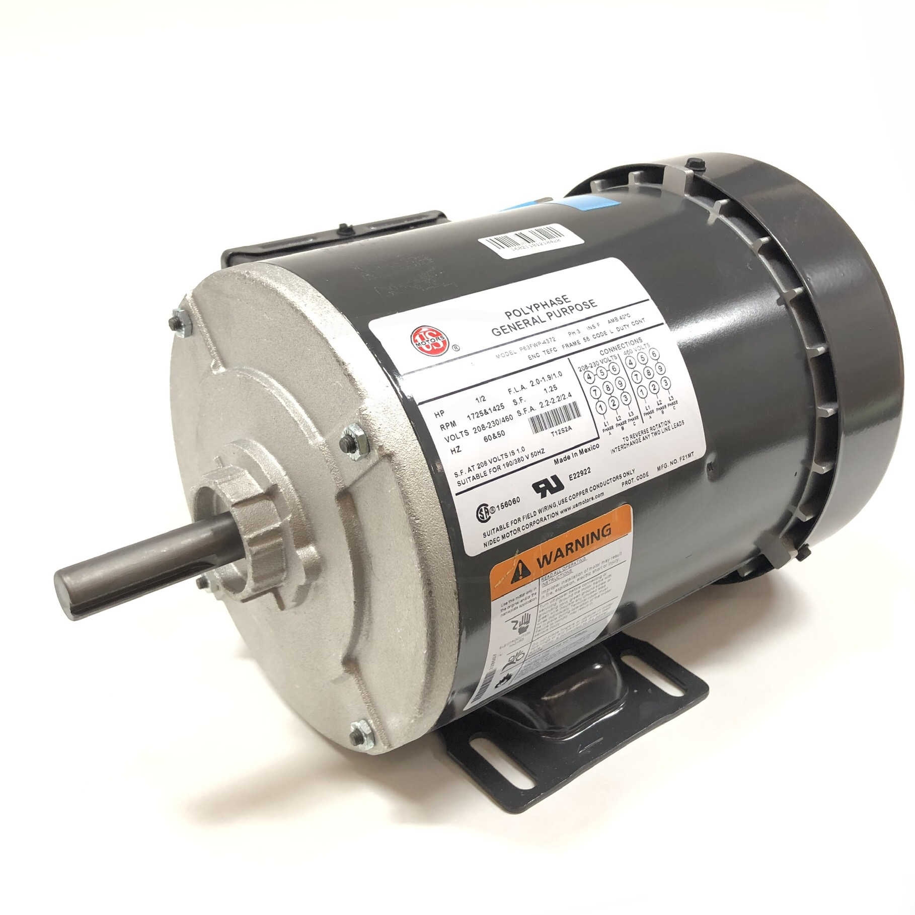 T12S2A US Motor 1/2Hp, 1725/1425 RPM, 60/50Hz, 3Ph, 2.0-1.9/1.0 A, Motor