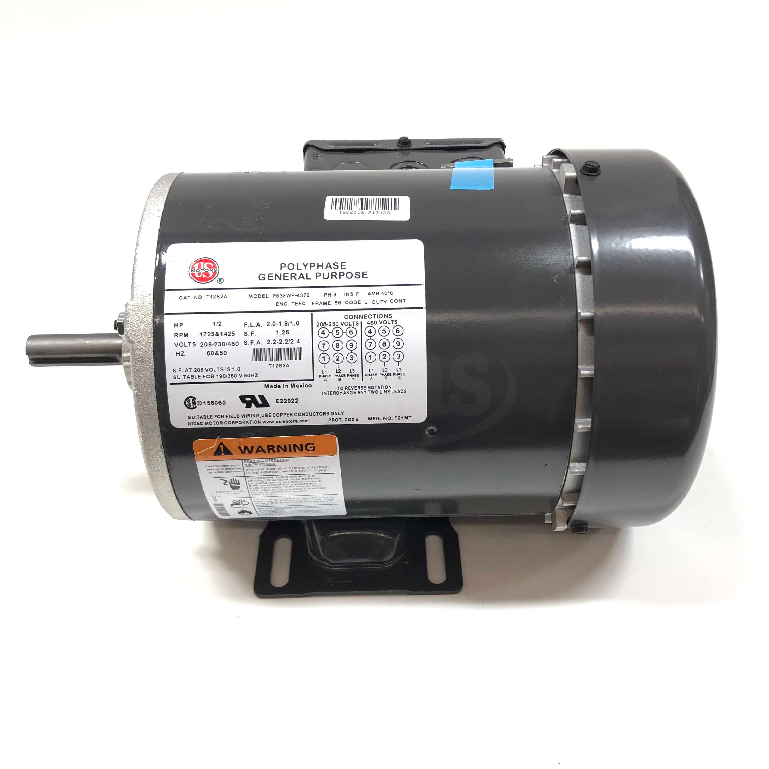 T12S2A US Motor 1/2Hp, 1725/1425 RPM, 60/50Hz, 3Ph, 2.0-1.9/1.0 A, Motor