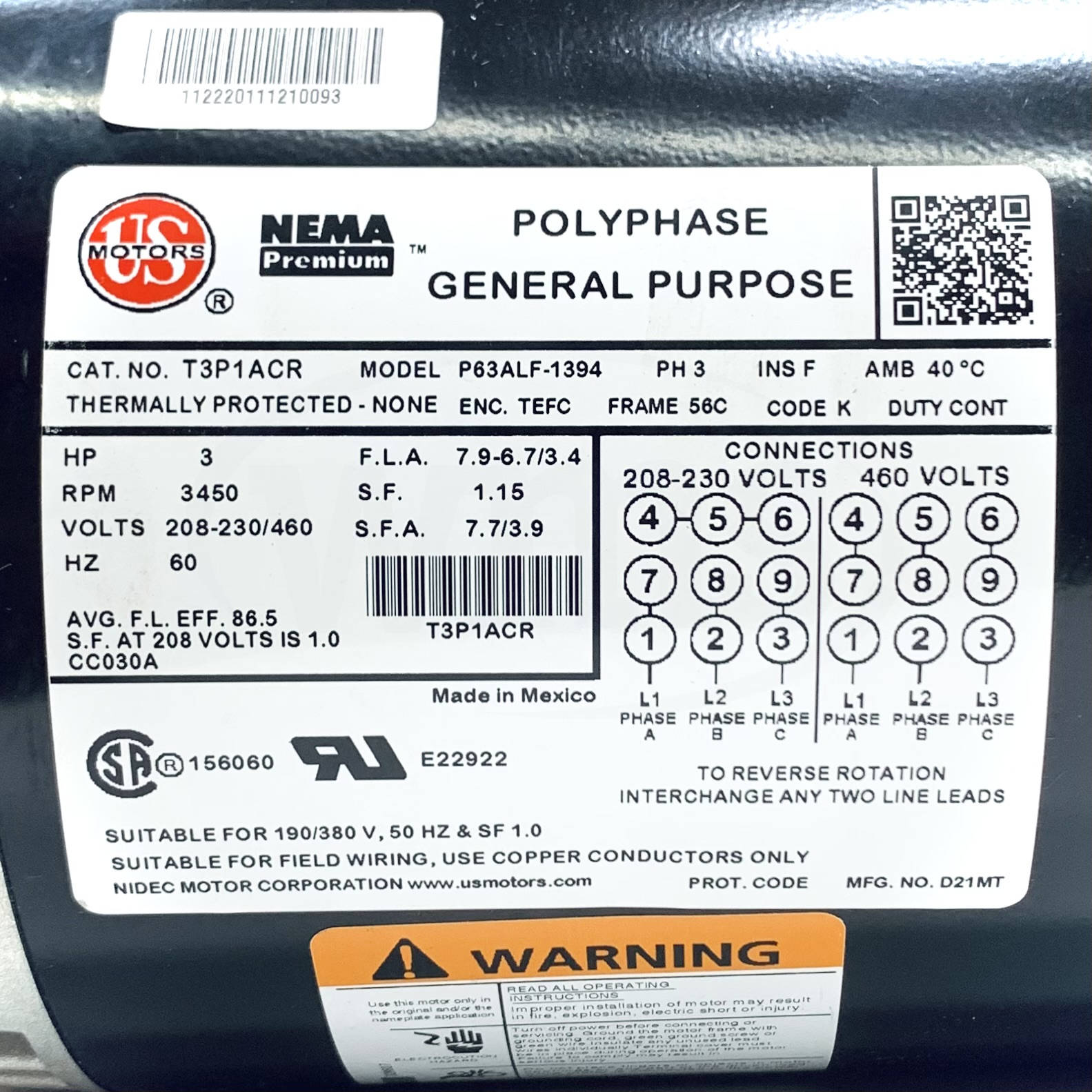 T3P1ACR US Motors 3Hp, 3600 Rpm, 208-230/460V