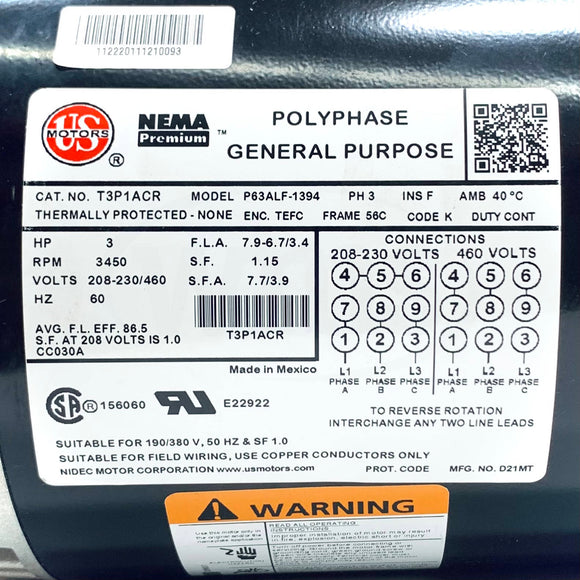 T3P1ACR US Motors 3Hp, 3600 Rpm, 208-230/460V