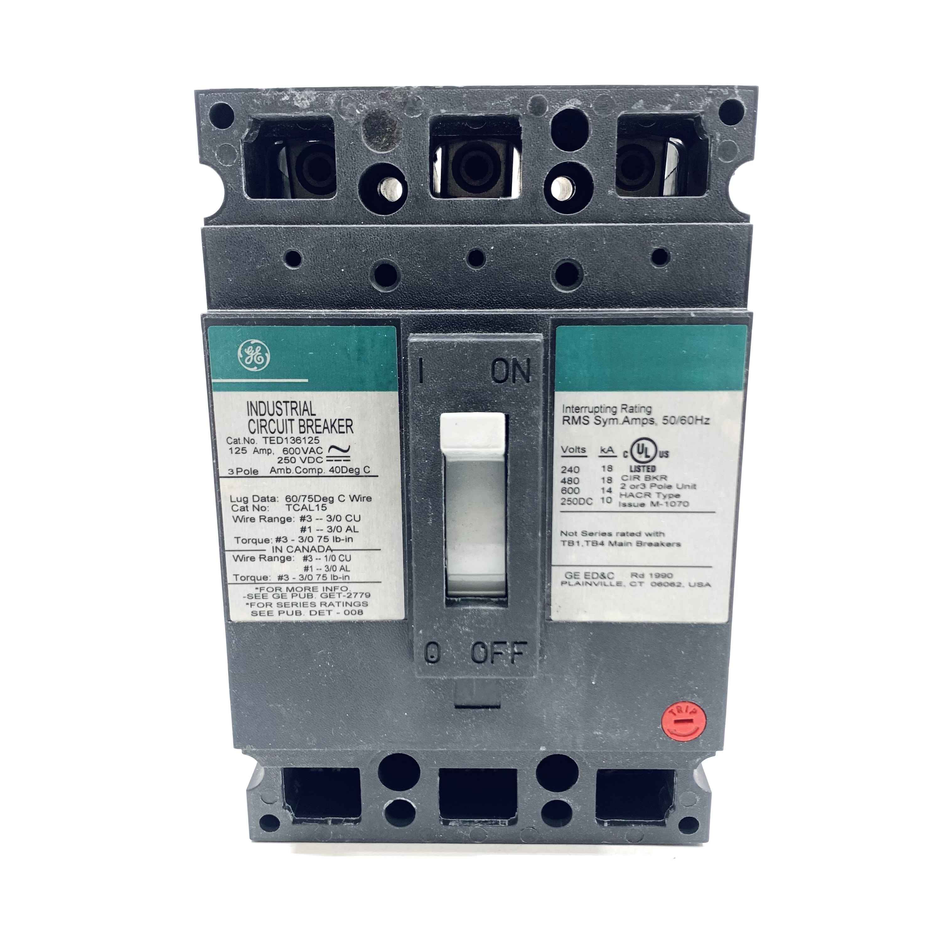 TED136125 GE Industrial Circuit Breaker, 125Amp, 600VAC, 3-Pole