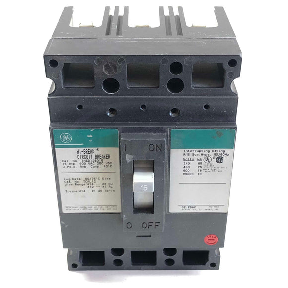 THED136015 General Electric HI-Breaker Circuit Breaker 15A, 600Vac, 250VDC, 3Pol