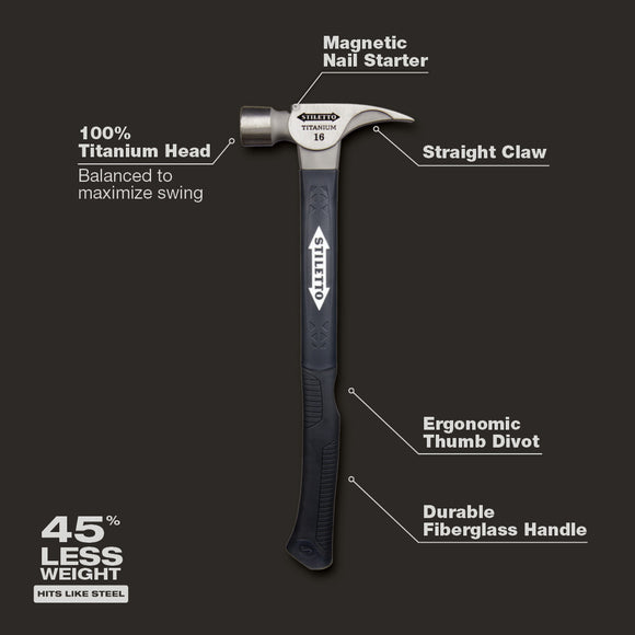 TI16MC-F Stiletto 16oz Milled/Curved Fiberglass Handle Hammer
