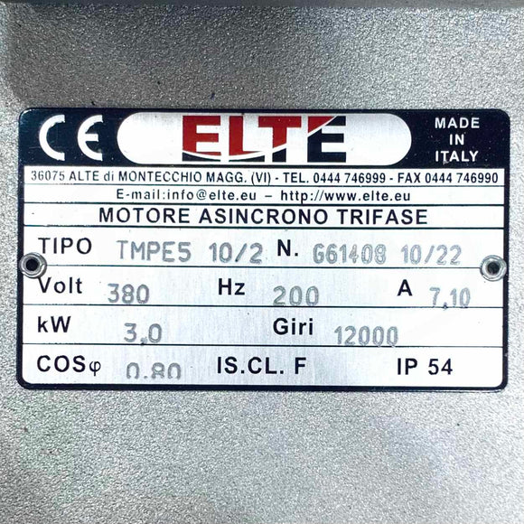 TMPE5 10/2 ELTE 3,0 kW Spindle Motor, 380 Volt, 200 Hz, 7.10 Amps, 12000 Giri,