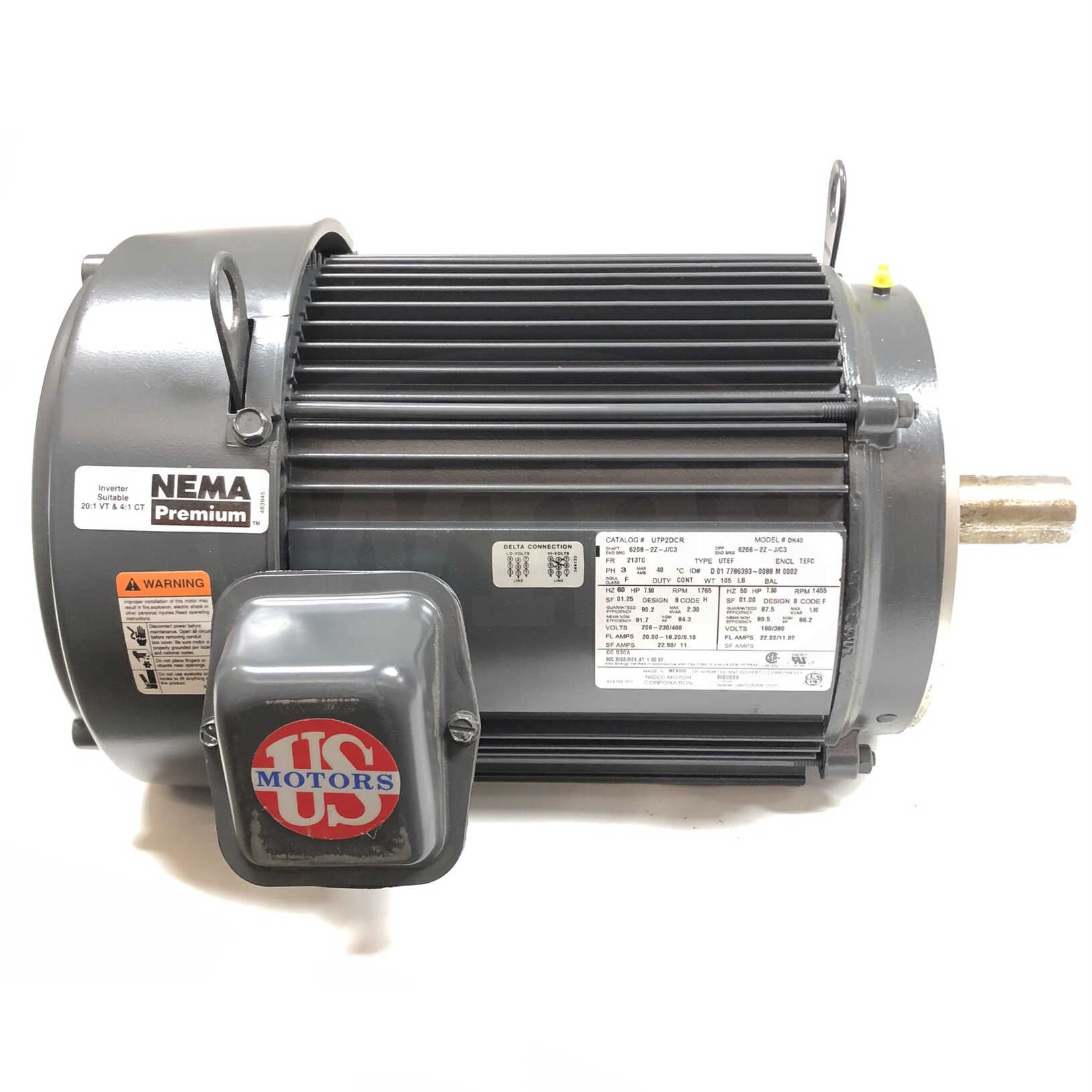 U7P2DCR US Motors/Nidec Motor 7 1/2Hp, 1765/1445Rpm, 208-230/460 & 190-380V - 0