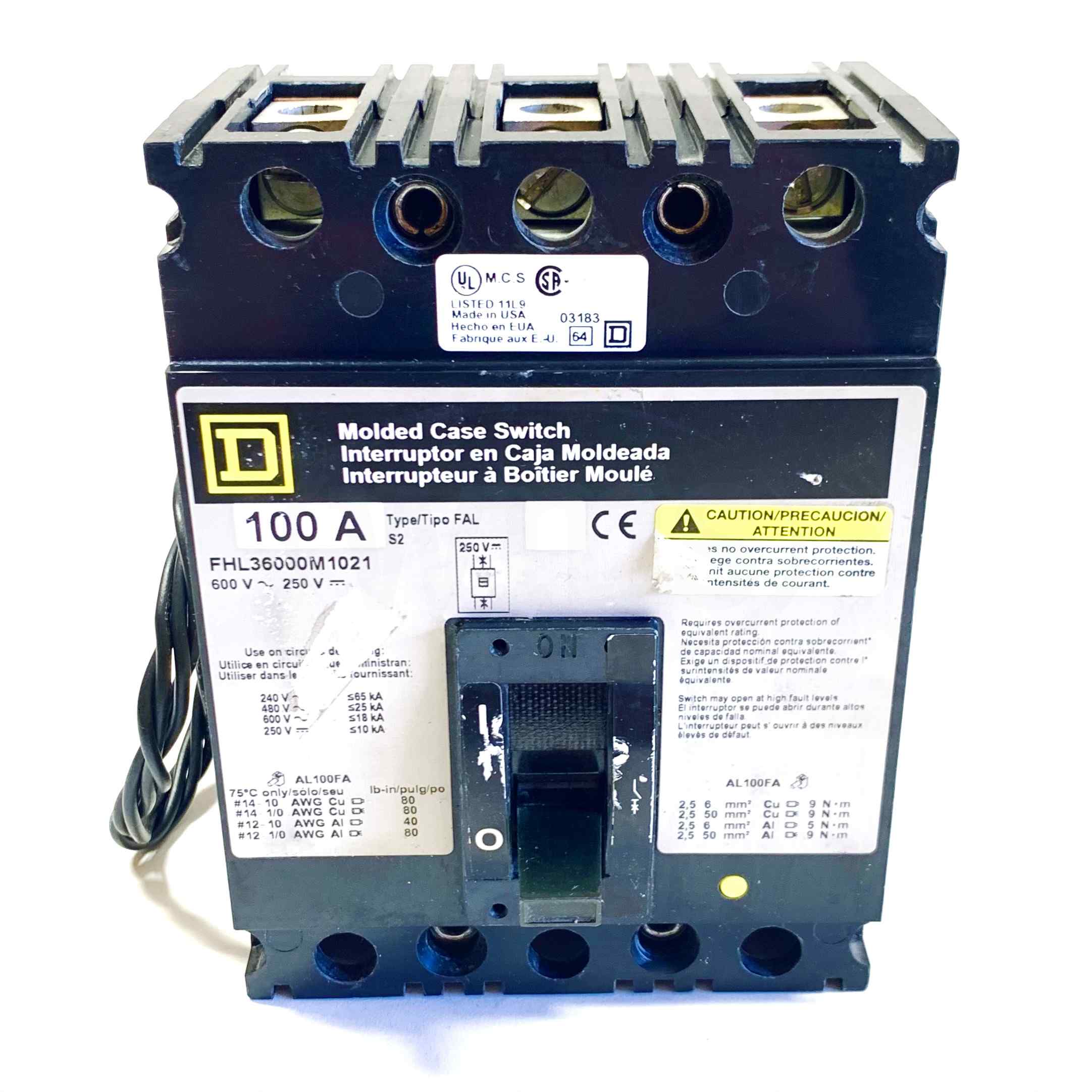 FHL3600M1021 Square D Molded Case Circuit Breaker, 100A, 600V~250V ...