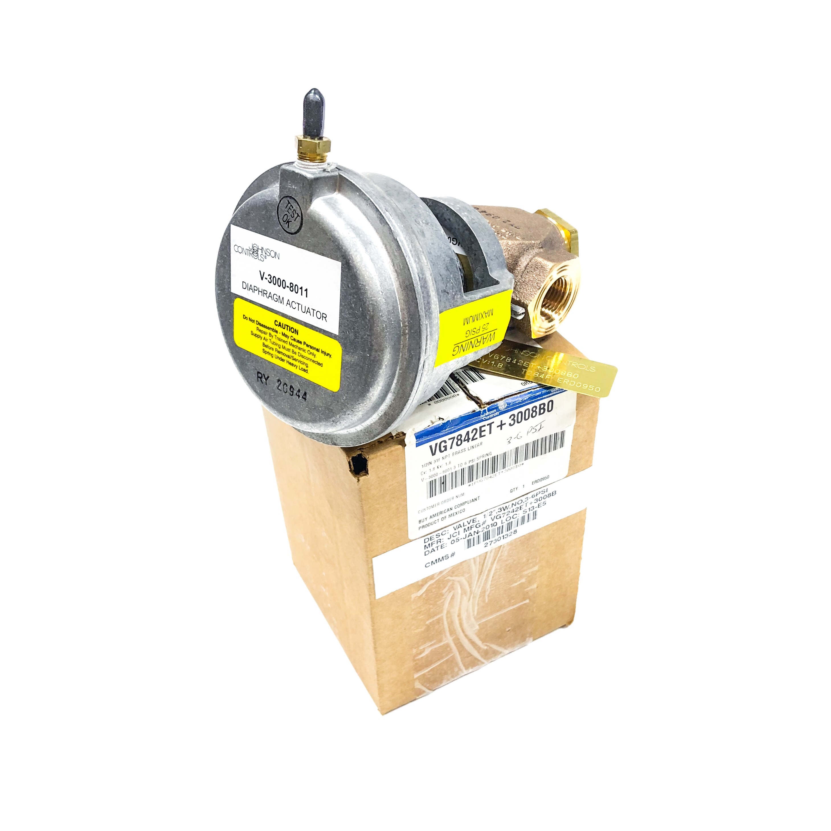 VG7842ET+3008B0 Johnson Controls 3-Way Valve, 1/2", 3 - 6 PSI, Cv: 1.8 Kv:1.6