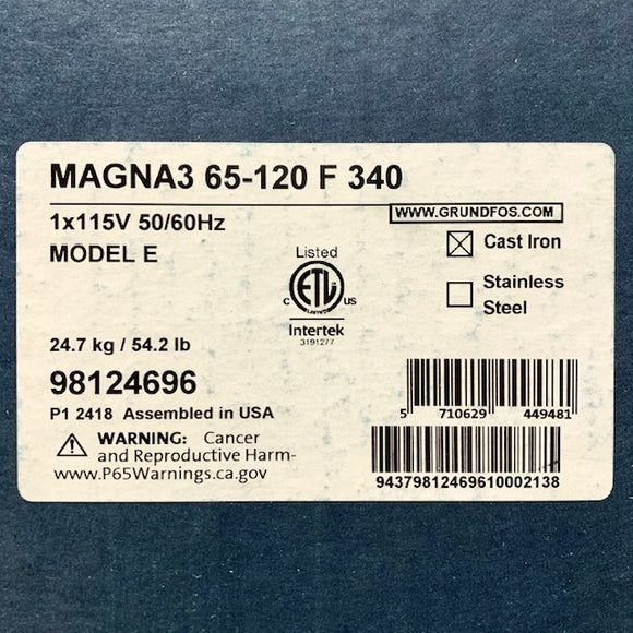 98124696 Grundfos MAGNA3 65-120 F 1HP, 115V High Efficiency Circulator Pump