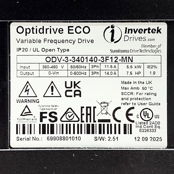 ODV-3-340140-3F12-MN Invertek Optidrive ECO VFD, 7.5HP, 3 PH, 480V