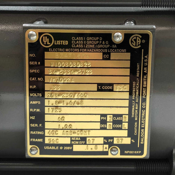 VM7002A Baldor 1/3HP Explosion Proof Electric Motor, 1725RPM