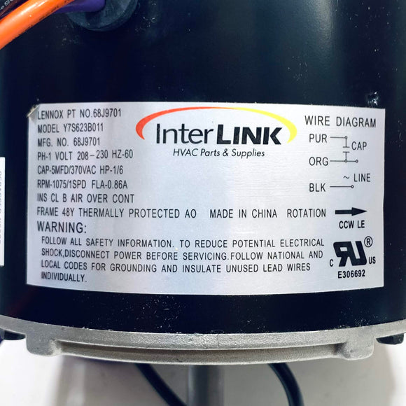Y7S623B011 Lennox Condenser Fan Motor 1/6 HP,1075 Rpm, 208-230V