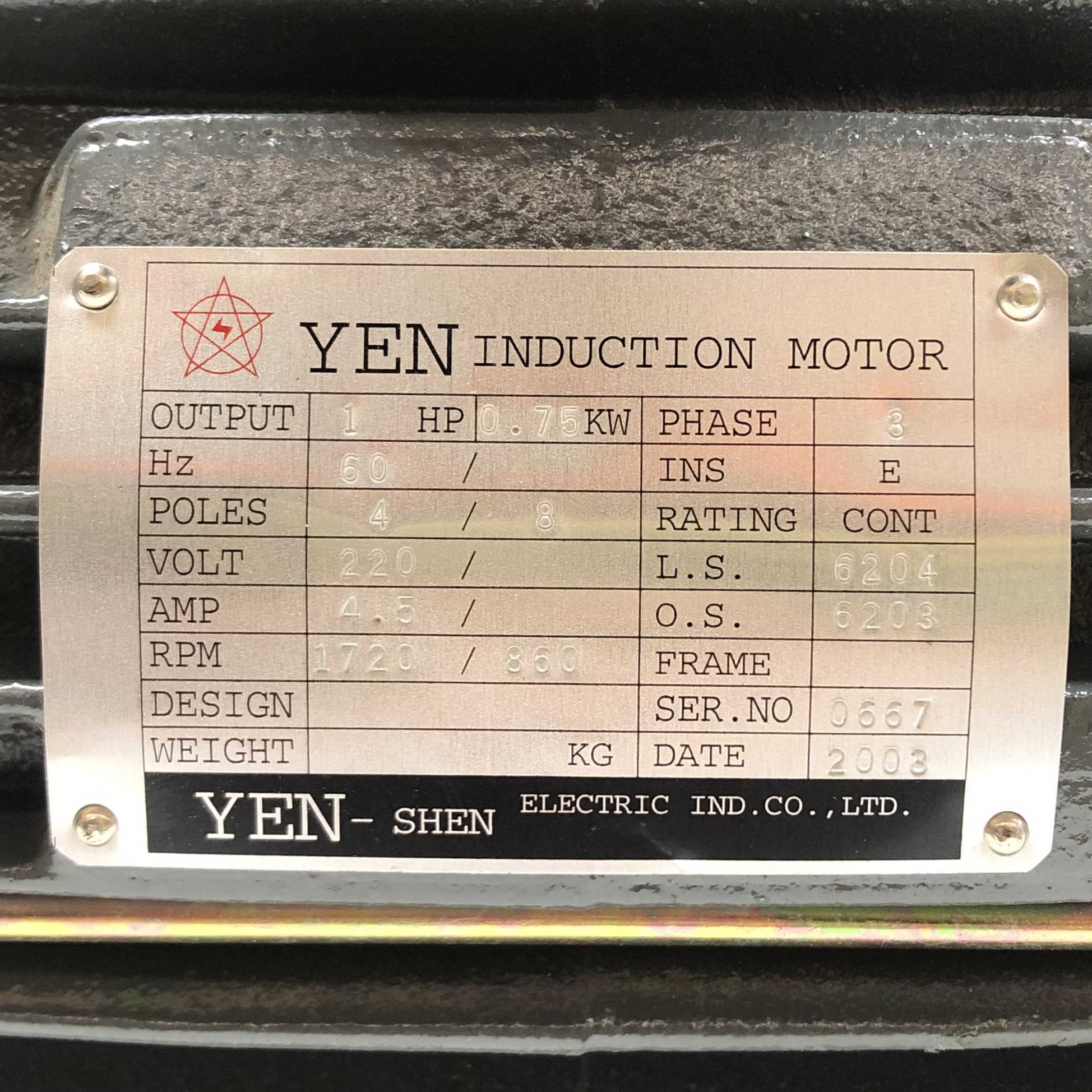 Yen Induction Motor 1Hp, 3Ph, 60Hz, 4/8 Pole, 220V, 4.5A, 1720/860Rpm - 0