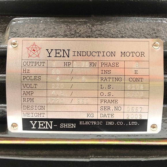 Yen Induction Motor 1Hp, 3Ph, 60Hz, 4/8 Pole, 220V, 4.5A, 1720/860Rpm